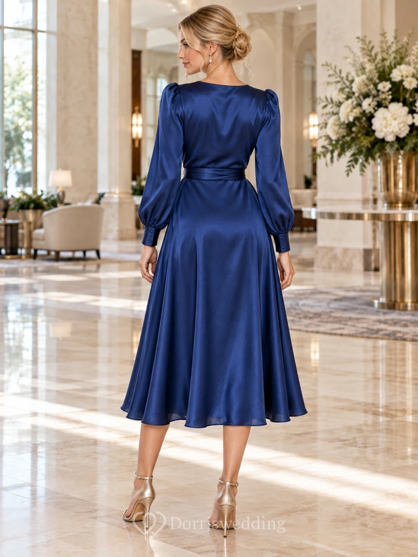 Vestido de invitada de boda de manga larga, satén zafiro, escote en V, estilo cruzado, largo hasta la rodilla view 2