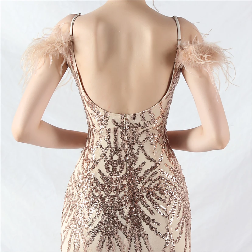 9-farbiges, handgefertigtes Abendkleid aus Kamelfedern, Netzstoff und Pailletten, sexy Trägern view 27