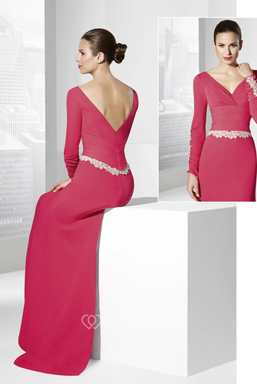 Sheath Long V-Neck Long-Sleeve Jersey Prom Dress view 2