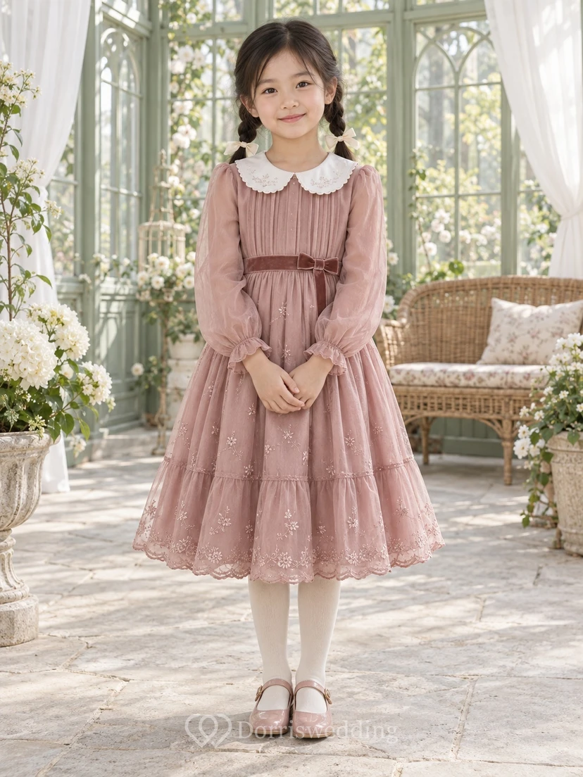 Tea-length Long Sleeve Vintage Rose A-Line Tulle Pintucked Peter-Pan-Collar Flowergirl Dress