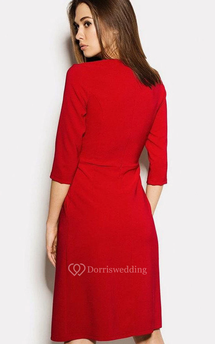 Scoop Neck 3-4 Sleeve A-line Pleated Jersey Dress With Pockets view 3