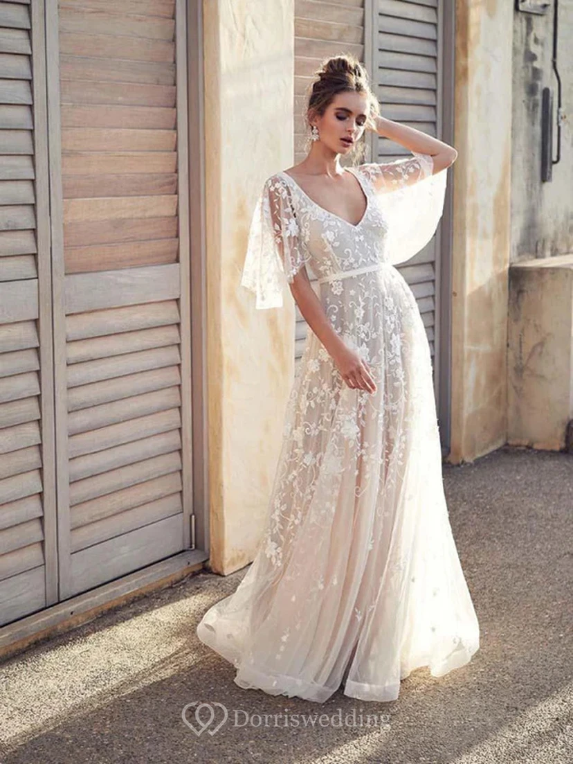White V-Neck Lace Wedding Dress