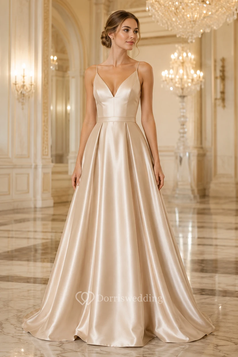 Evening Gown Champagne Satin A-Line V-Neck Sleeveless Floor Length