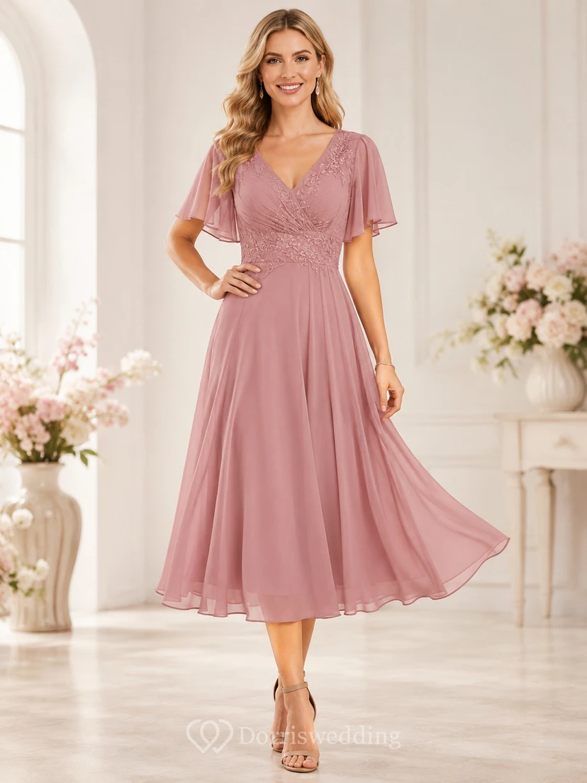 Vestido de maternidad de gasa fruncida con escote en V, mangas con pétalos y cintura natural, corte en A y largo hasta la rodilla, color rosa empolvado.