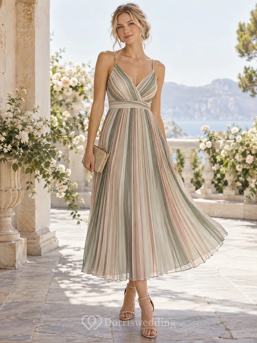 Vestido de fiesta de gasa de corte A con tirantes finos y plisado a rayas suaves, largo hasta la rodilla, ideal para invitadas de boda. view 2
