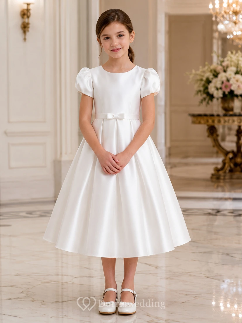White Satin A-Line Flower Girl Dress with Short Sleeve, Jewel Neck, Tea-Length Skirt, Bow Detail
