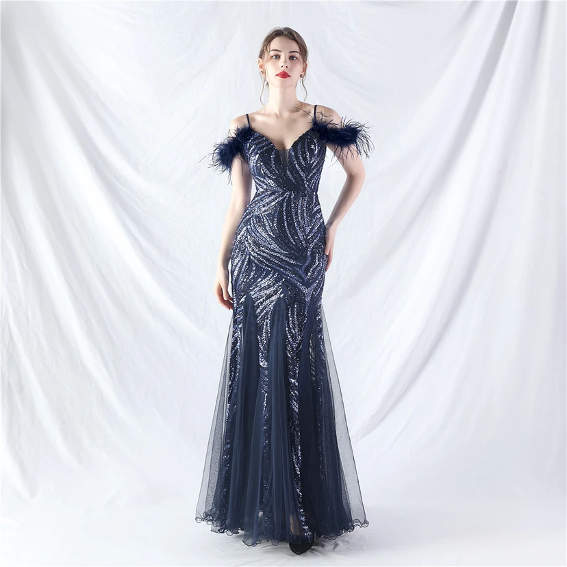 Crafted Ostrich Feather Stacked Sequins Splicing Mesh Gauze High-End Evening Dress Clothes view 41