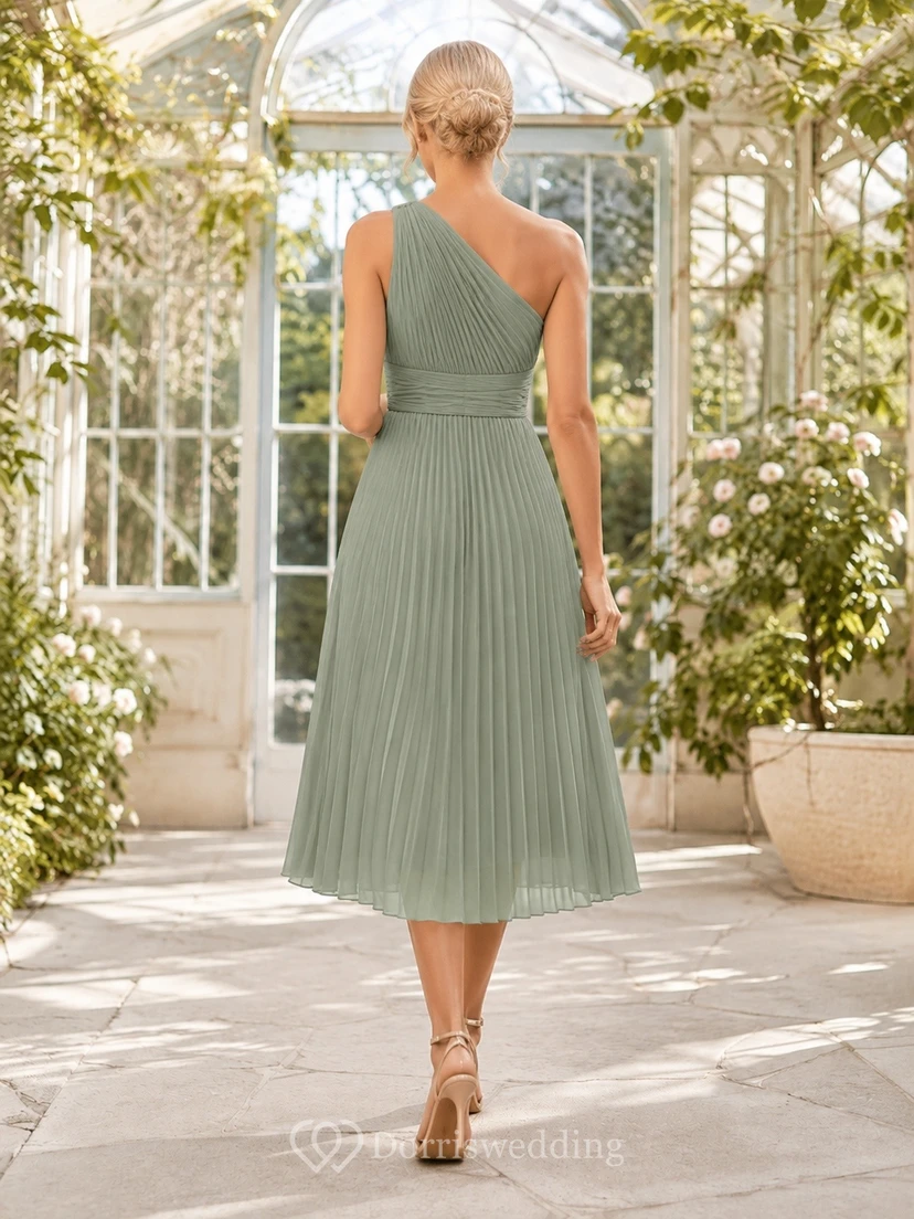 Sage Modern One-Shoulder Sleeveless Chiffon A-Line Tea-Length Formal Dress view 2