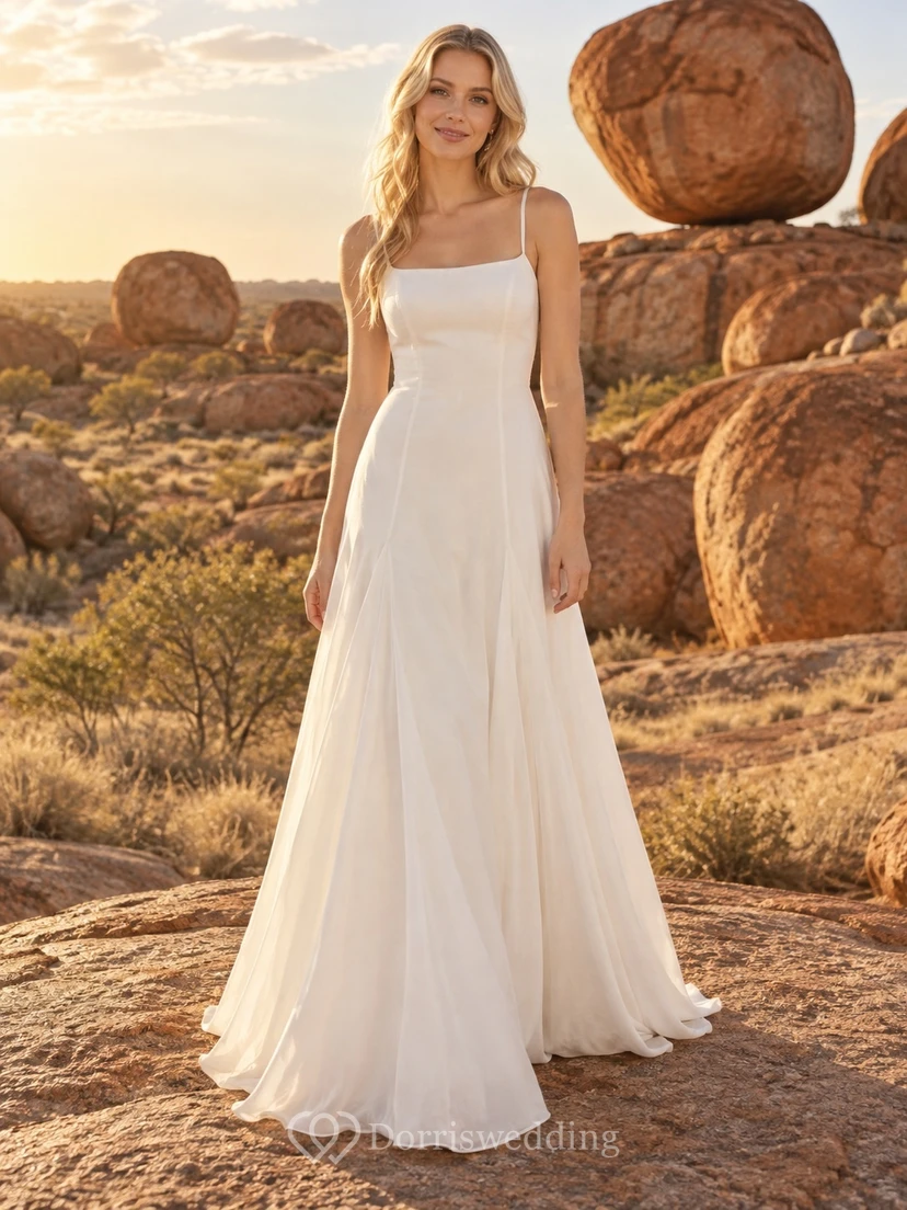 Einfaches, ärmelloses, fließendes A-Linien-Brautkleid in quadratischer Spaghettiträgerlänge, bodenlang