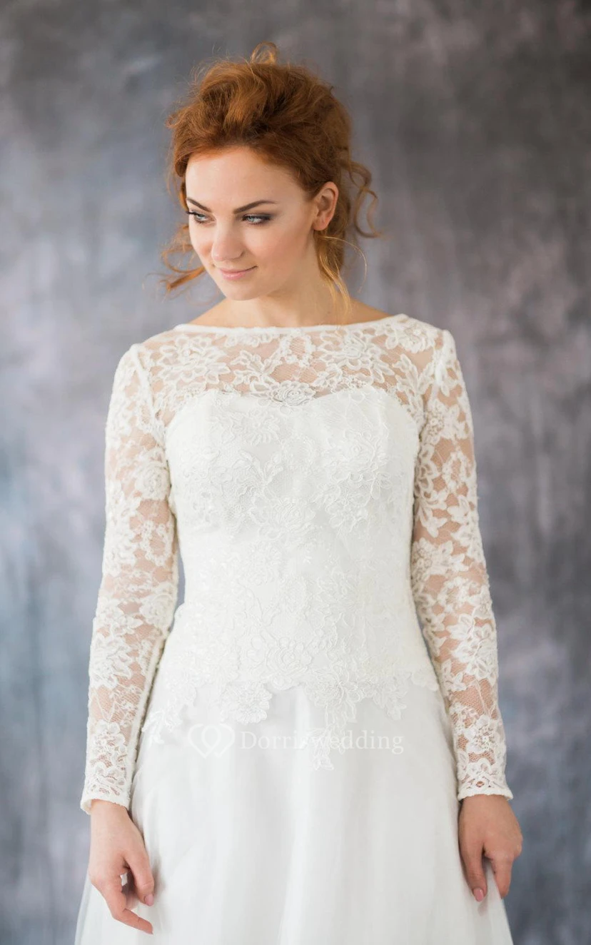 Long Sleeve Lace and Organza A-Line Dress With Bateau Neckline view 2