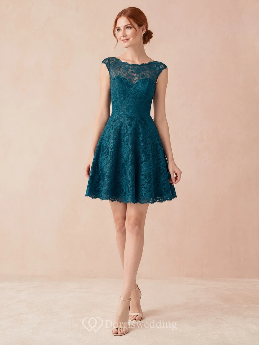 Dunkelgrünes Cocktailkleid aus Spitze mit bedecktem Rücken und transparentem Oberteil