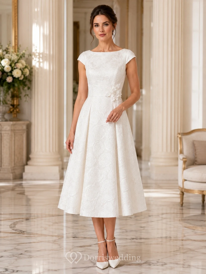Robe blanche en satin à manches bateau et coupe trapèze, longueur thé