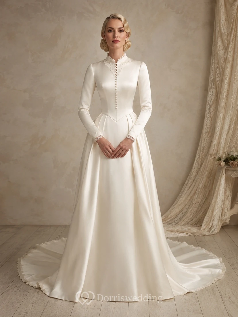 Vestido de novia vintage romántico de manga corta, escote Bardot y corte en A, de encaje color rosa empolvado