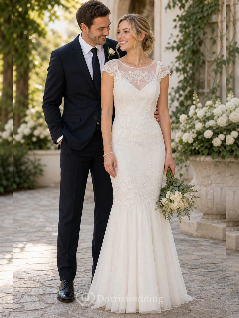 Vestido de novia maxi de encaje con escote redondo y mangas cortas con efecto ilusión. view 3