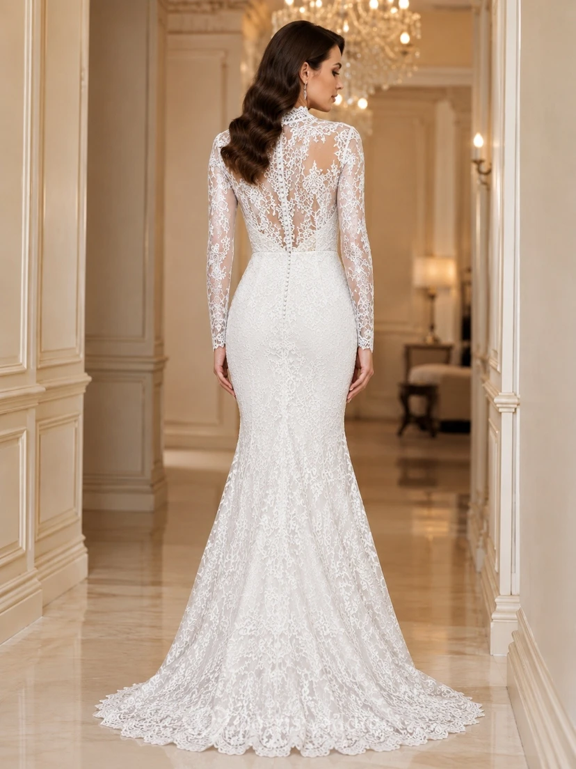 Vestido de novia de lujo largo hasta el suelo, estilo sirena, con mangas largas y cuello alto, encaje. view 2