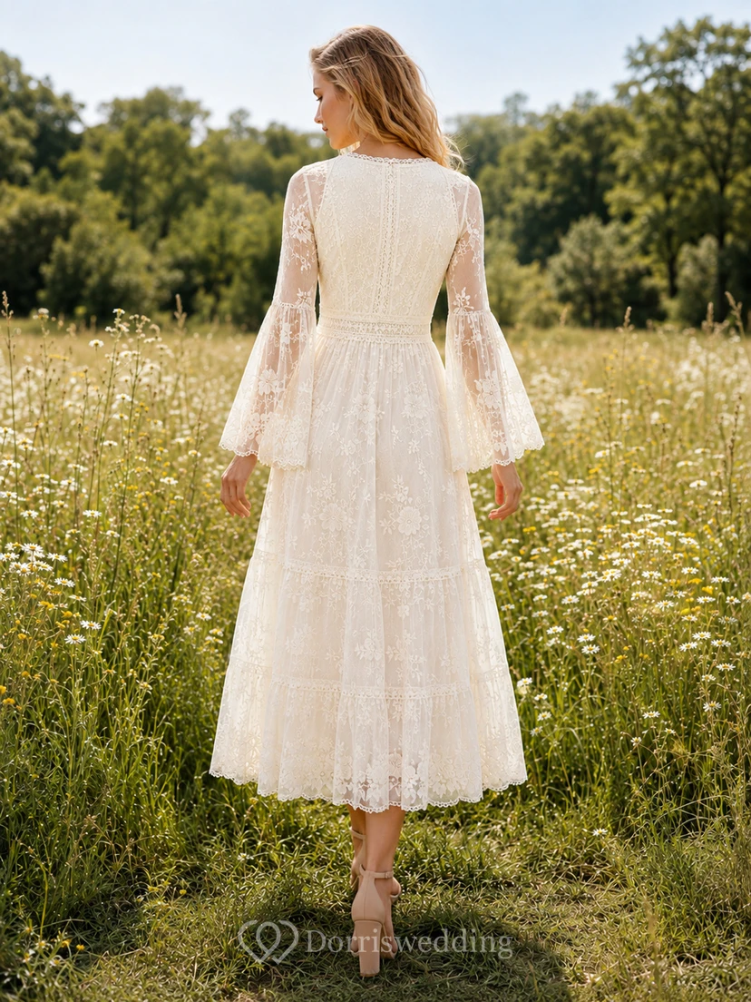 Boho V Neck Lace Bell Sleeve Tea Length Meadow Wedding Dress view 2