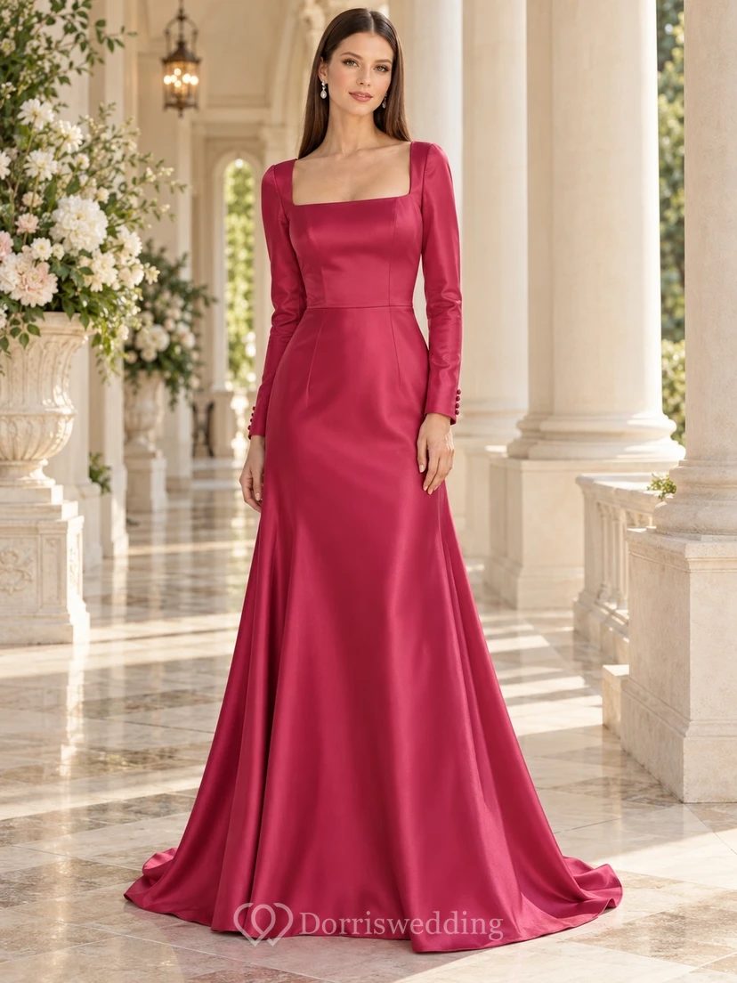 Vestido de dama de honor elegante, ajustado, acampanado, de satén frambuesa, manga larga y cuello cuadrado, estilo sirena.