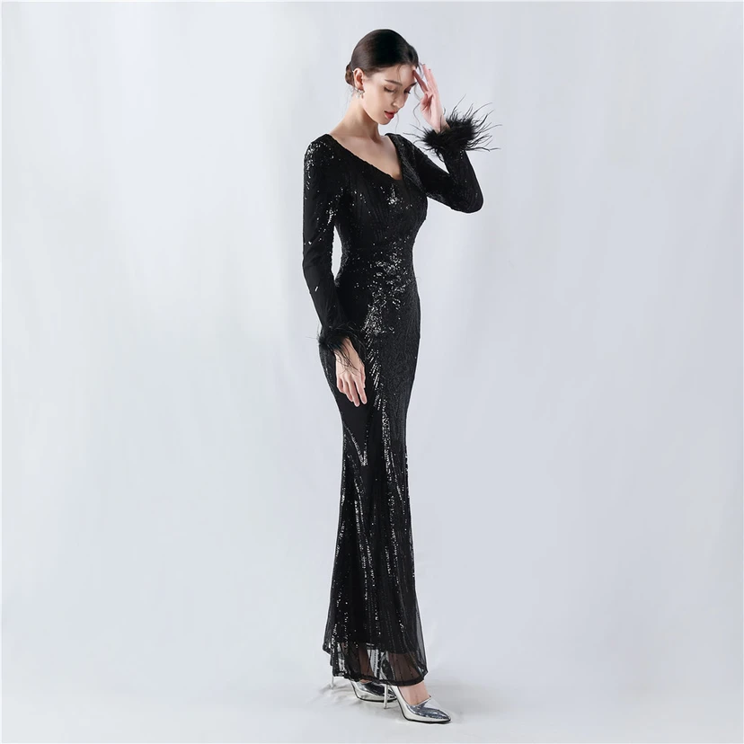 Robe de soirée haut de gamme ornée de perles florales fixes et de poils d'autruche, hôte de la réunion annuelle d'hiver view 31