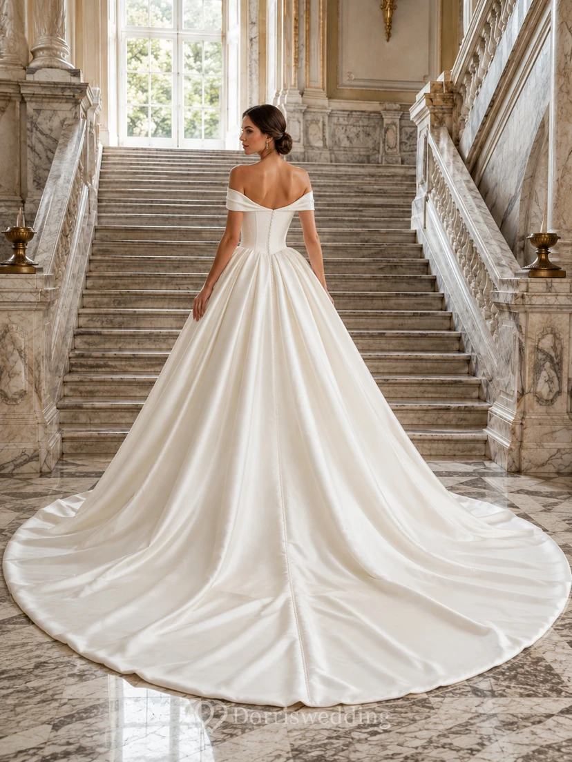Robe de mariée en satin, robe de bal, épaules dénudées, traîne courte view 2