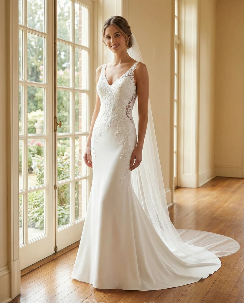 Robe de mariée sirène en dentelle avec bretelles en V, traîne chapelle et appliques