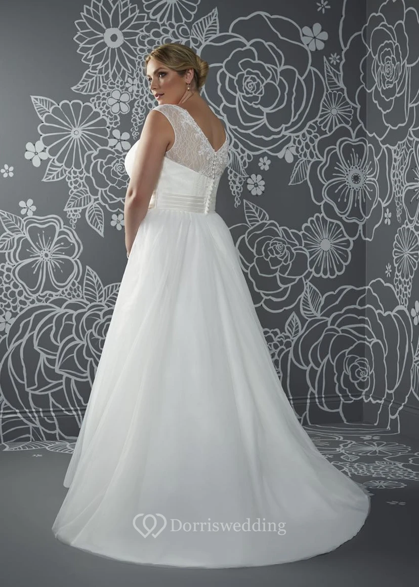 A-Line Floor-Length V-Neck Sleeveless Tulle Sweep Train Low-V Back Appliques Dress view 2
