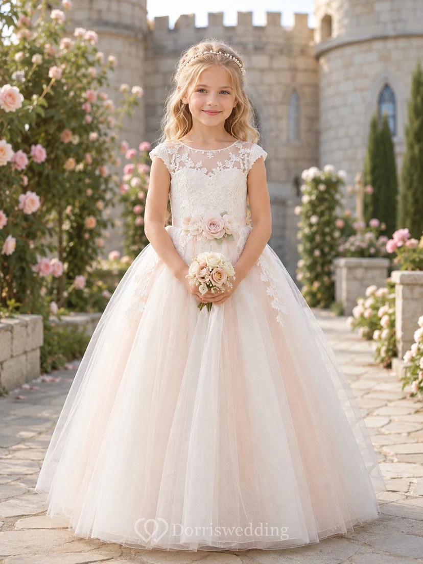 Blush Flower Girl Dress with Illusion Lace Cap Sleeves, Floor-Length Ball Gown Tulle Skirt and Dimensional Rose Waist Appliques
