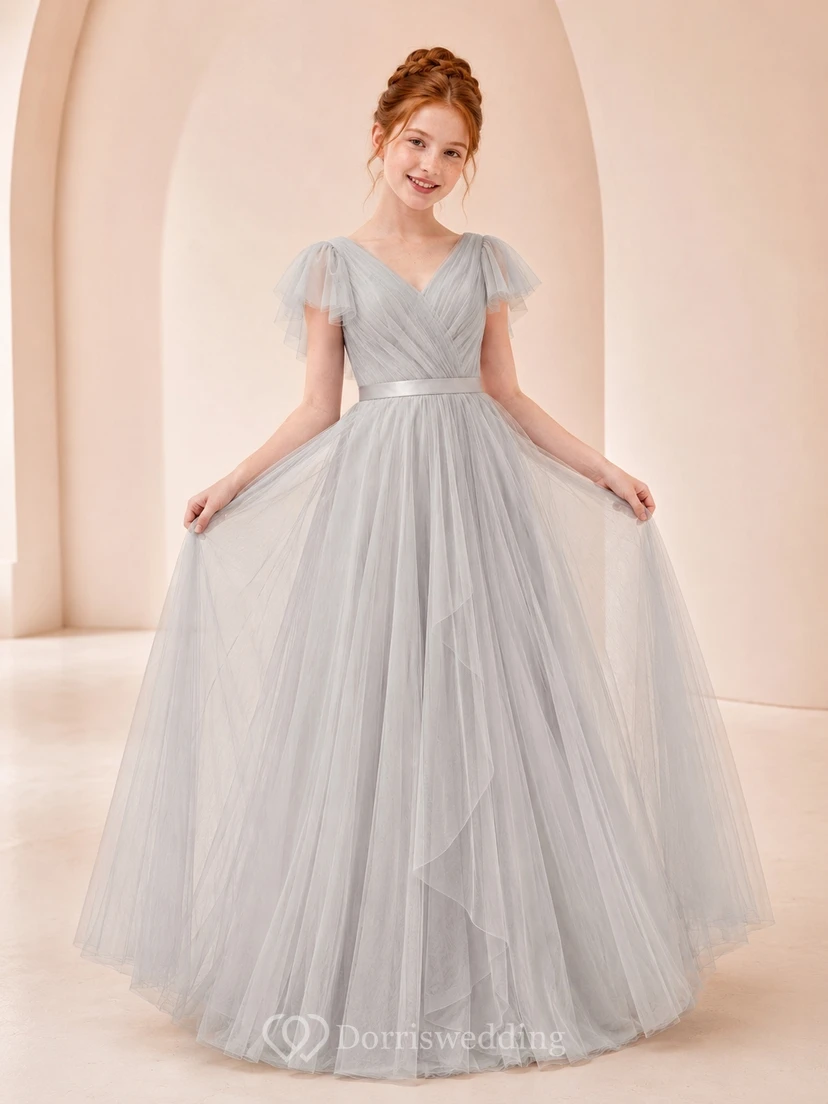 Silbernes Brautjungfernkleid für junge Damen, A-Linie, V-Ausschnitt, kurze Ärmel, plissiert, romantisch