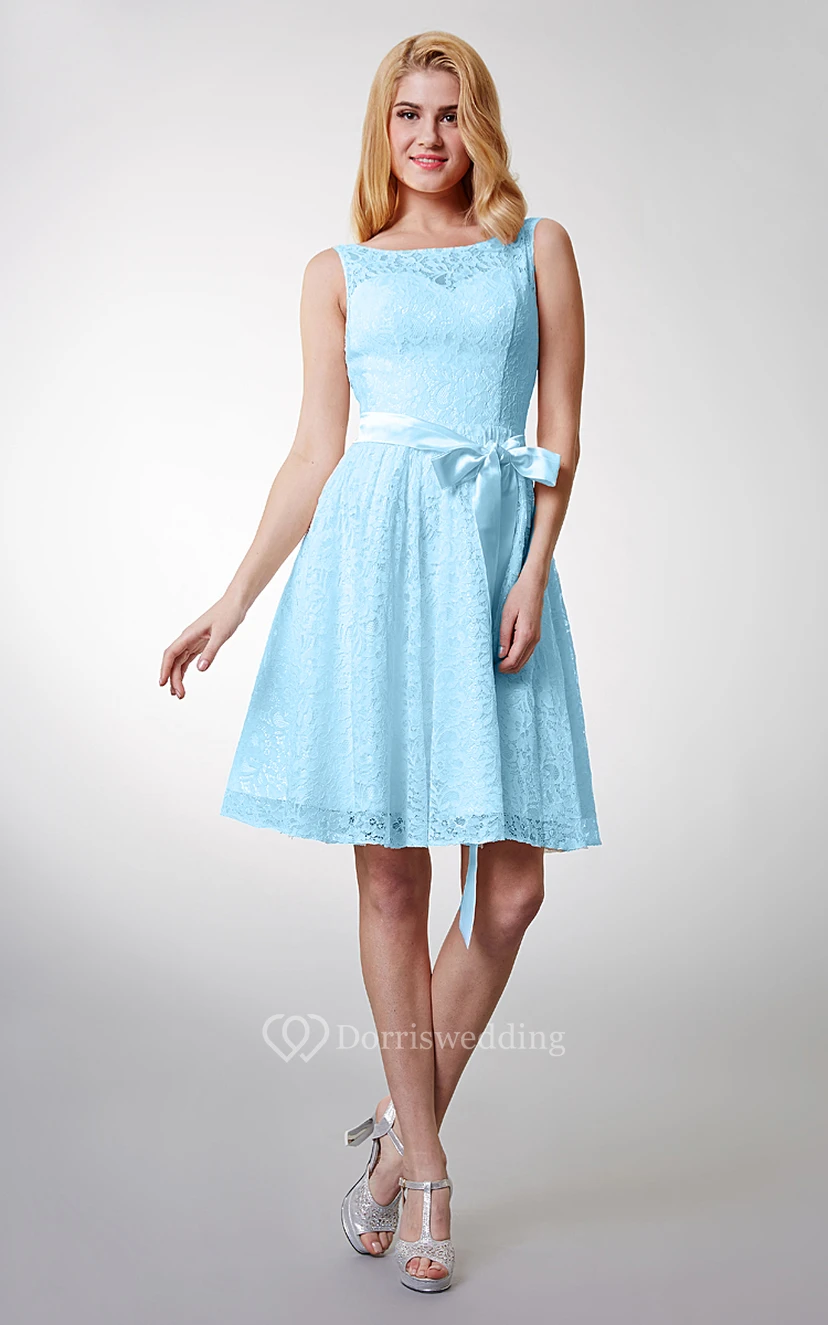 Lovely Sleeveless Short Lace Dress With Bow Sash view 6