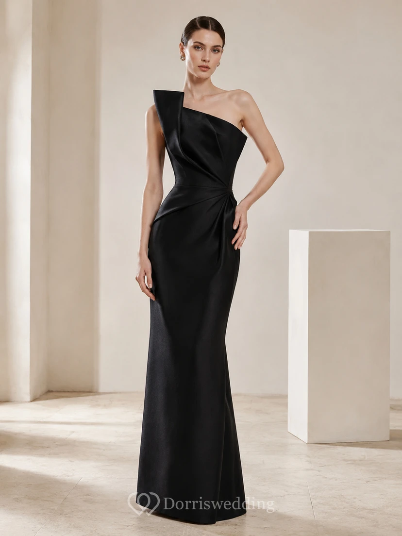 Black One Shoulder Sculptural Mermaid Floor Length Evening Gown