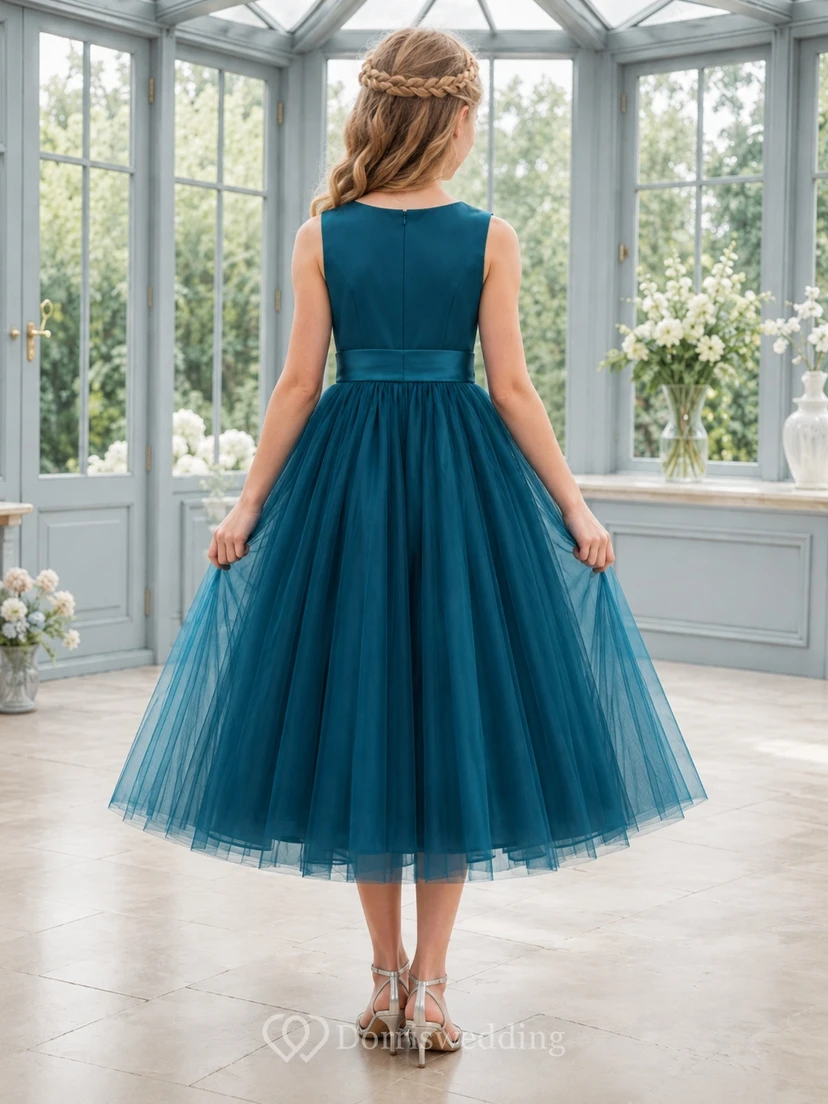 Pfauenblaues Brautjungfernkleid für junge Damen, A-Linie, Teelänge, eckig, ärmellos, Tüll, gestuft, bezaubernd, formell view 2
