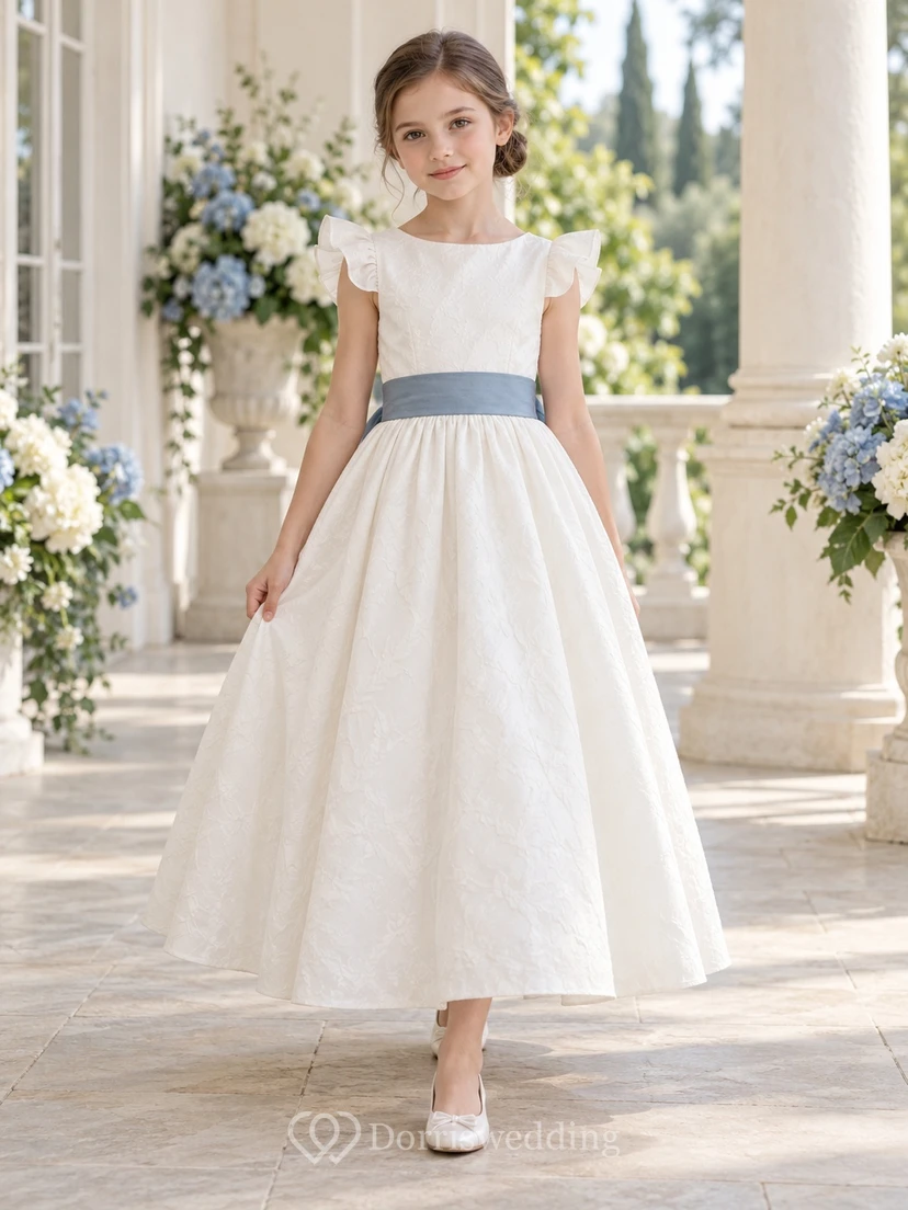 Ankle-length Simple Ivory A-line Textured Petal-sleeve Blue-sash Bow-back Flower Girl Dress