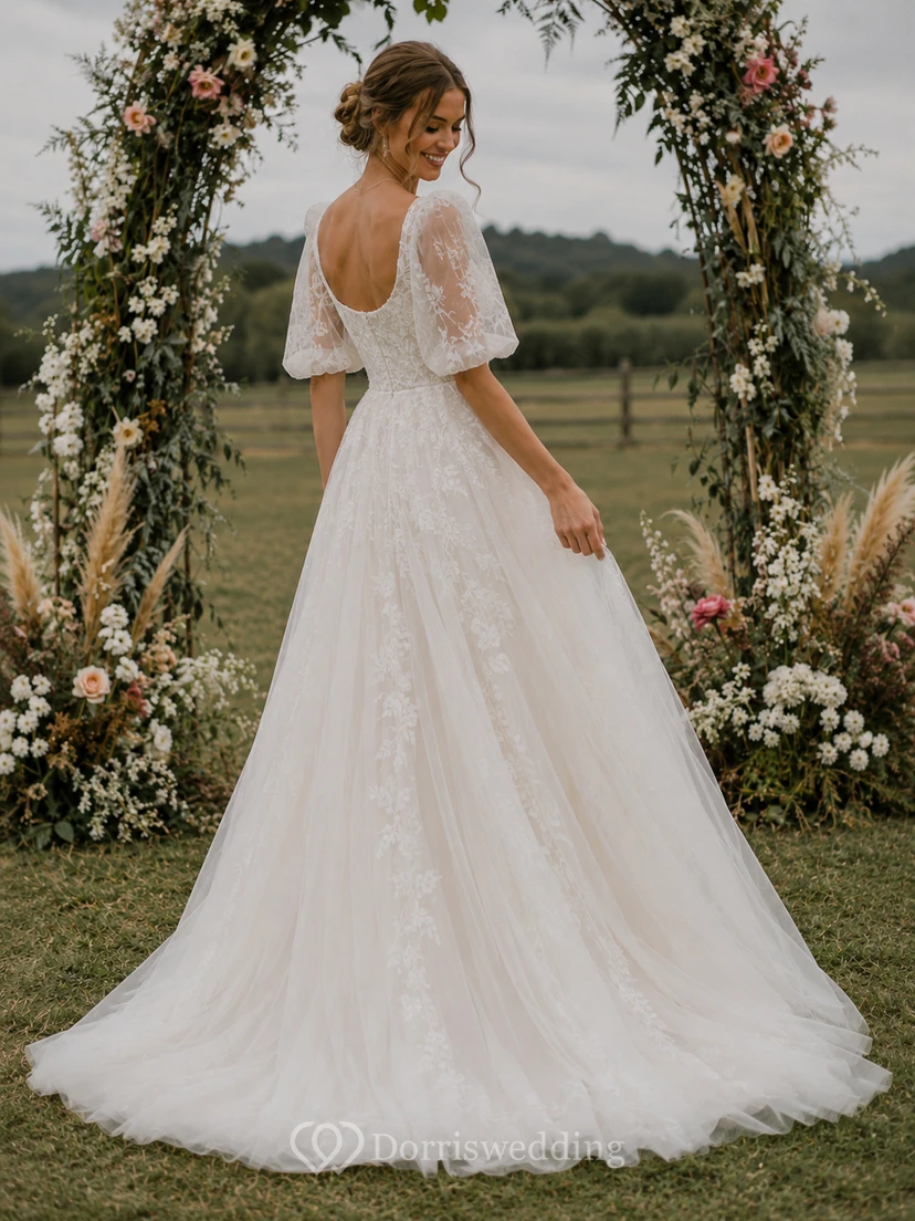 Boho Romantic Square Neck Wedding Dress with Puff Sleeves, Floral Lace Tulle Skirt & A-Line Train view 2