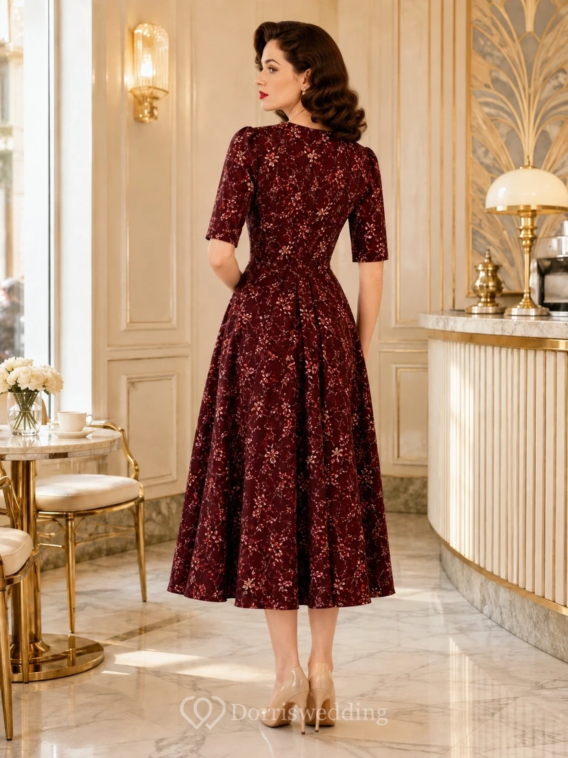 Burgundy Floral Chiffon V-neck Three-quarter Sleeve Vintage Tea Dress view 2