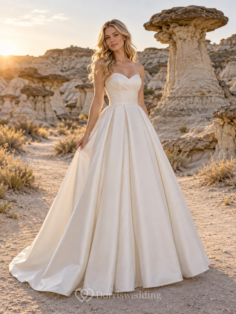 Vestido de novia sencillo, sin tirantes, de corte A, escote corazón, sin mangas, de satén plisado y largo hasta el suelo