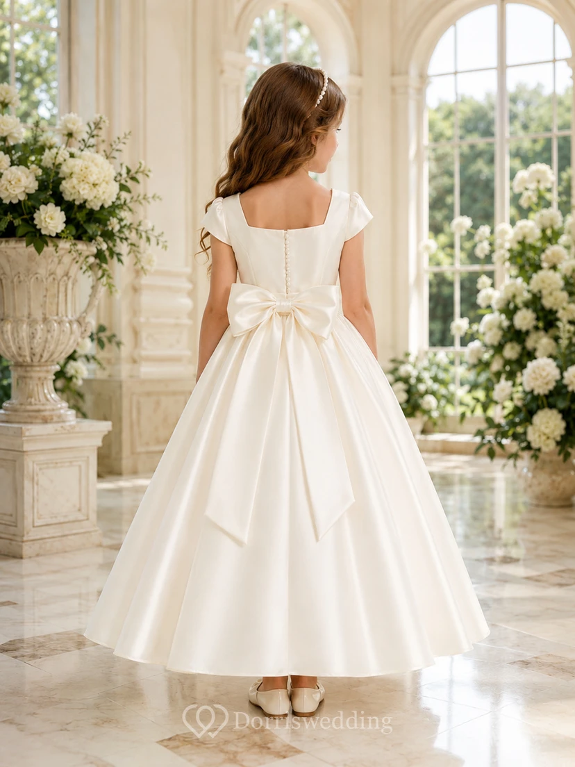 Blumenmädchenkleid aus elfenbeinfarbenem Satin, A-Linie, Rundhalsausschnitt, Teelänge, Schleifendetail view 2
