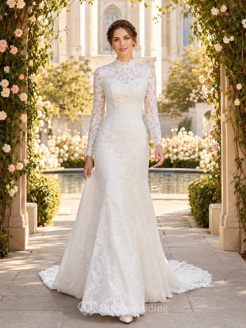 Modest Long Sleeve Lace Sheath Temple Garden Wedding Dress