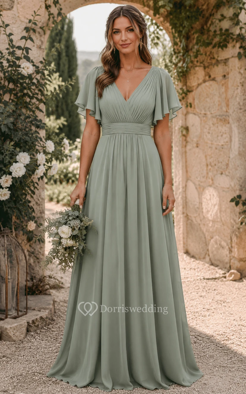 Salbeigrünes Chiffonkleid in A-Linie mit V-Ausschnitt, flatternden Ärmeln