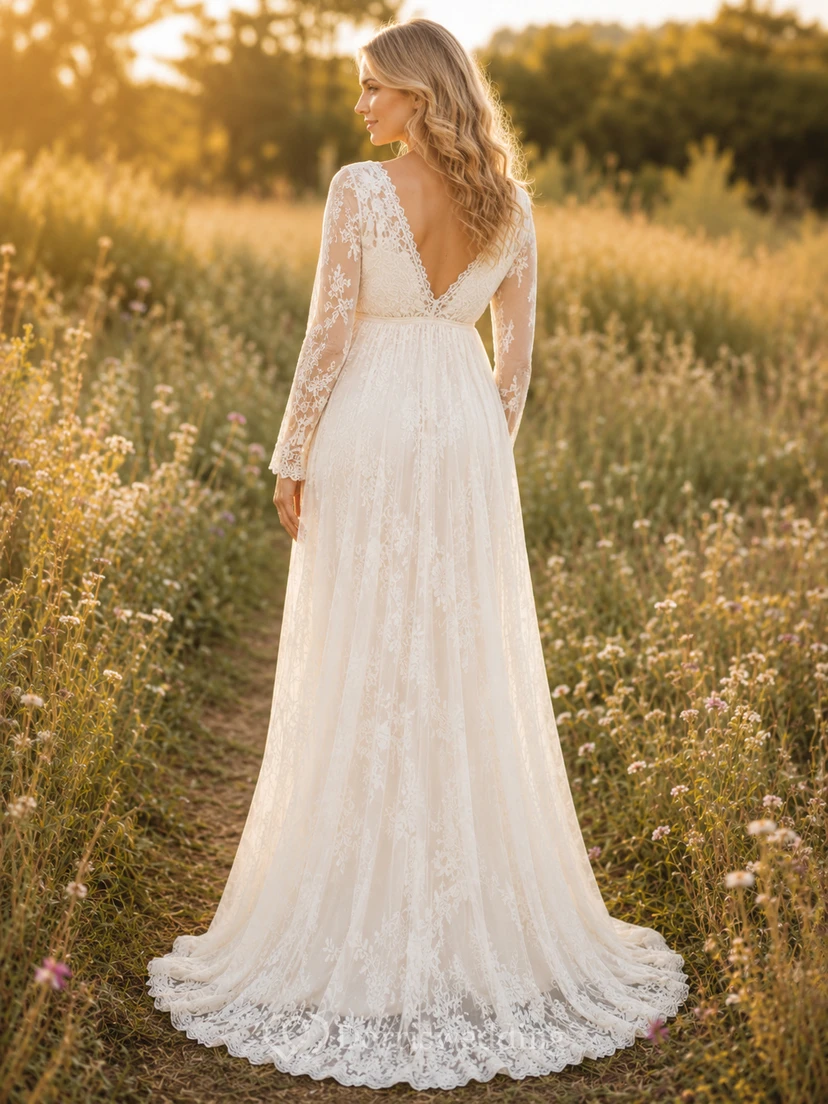 Boho-Umstandsbrautkleid, A-Linie, lange Ärmel, aus Spitze und Tüll, mit V-Ausschnitt und Schleppe view 2
