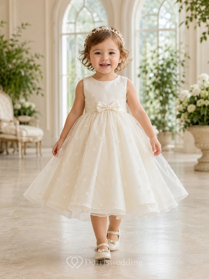 Robe de baptême pour bébé, coupe trapèze, longueur thé, sans manches, avec superposition d'organza transparent.