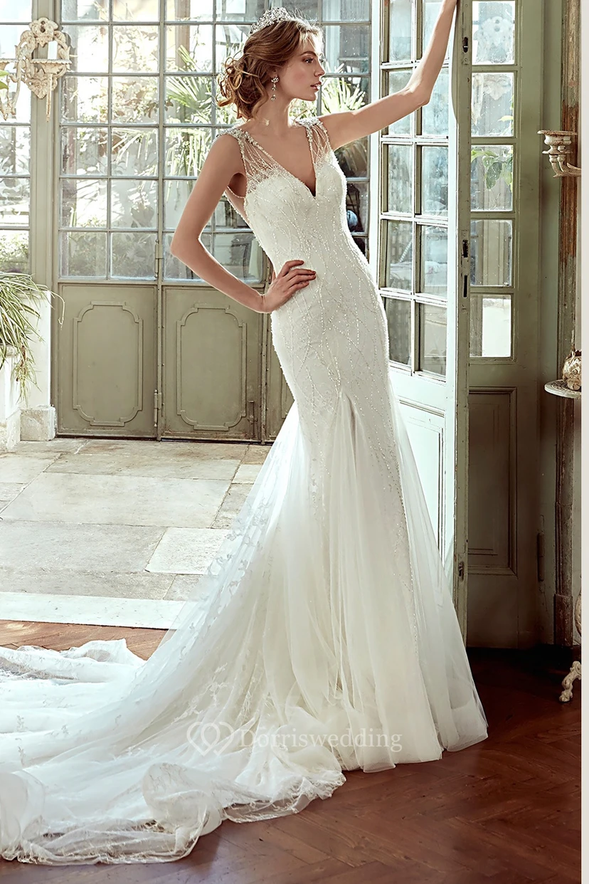 V-Neck Sheath Court-Train Wedding Dress with Mermaid Style and Open Back 