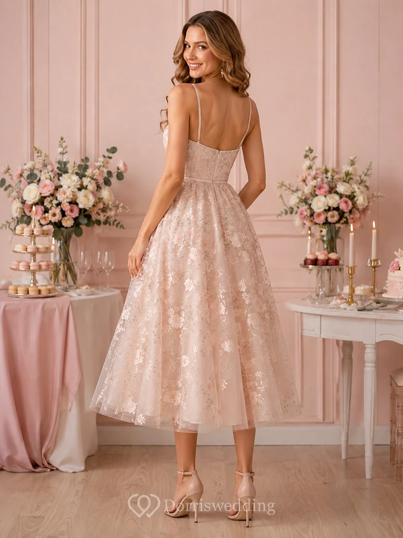 Bridal Romantic Sweetheart Lace-Tulle Sleeveless A-Line Tea-Length Wedding Dress view 2