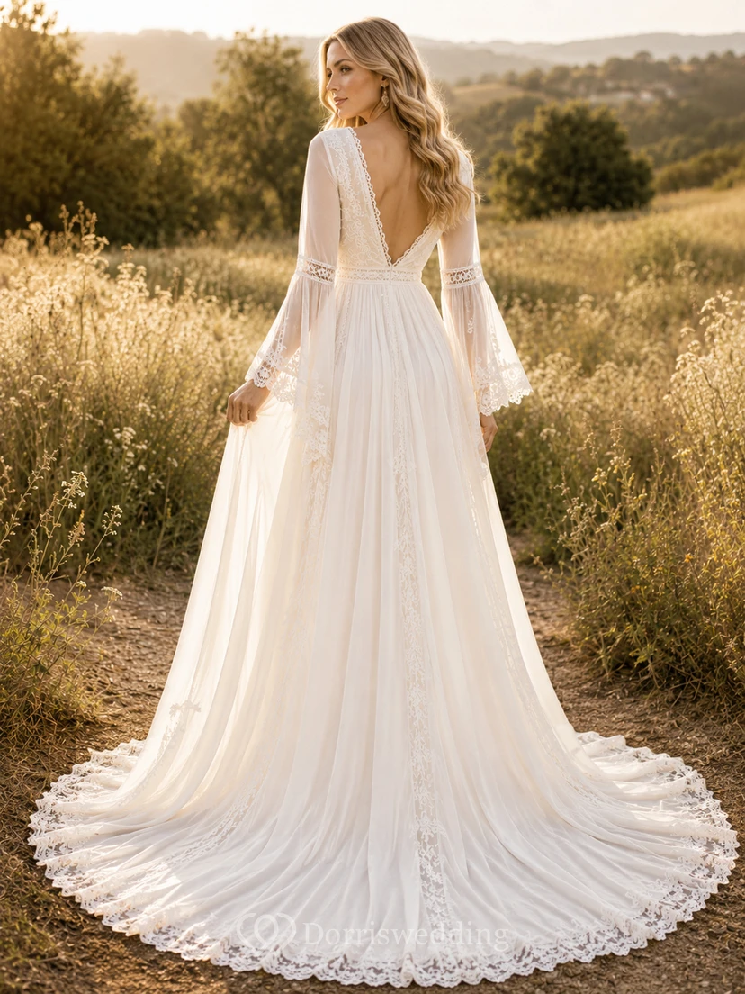 Robe de mariée bohème de maternité à manches longues cloche, col V, en tulle, style champêtre avec traîne en dentelle view 2