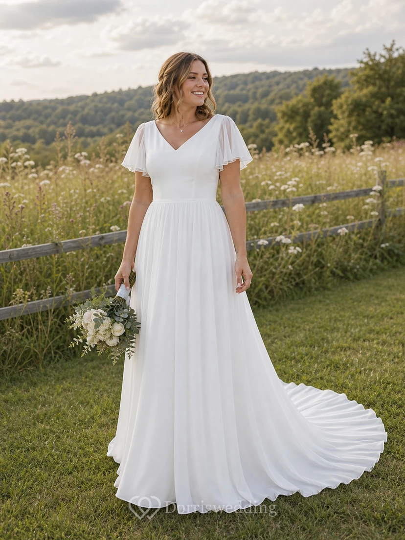 Robe de mariée décontractée en mousseline de soie, coupe trapèze, longueur au sol, traîne brossée, manches courtes et volants, col en V. view 9