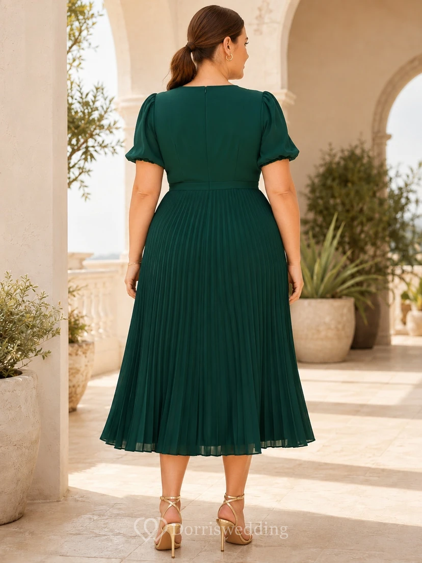 Dark Green V-Neck Short-Sleeve Jersey A-Line Tea-length Plus-Size Pleated Guest Dress view 2