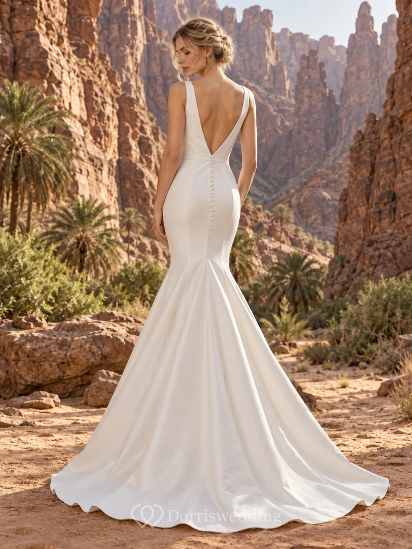 Einfaches, ärmelloses Brautkleid im Meerjungfrauenstil mit V-Ausschnitt, Knopfleiste am Rücken und Schleppe aus Satin view 2