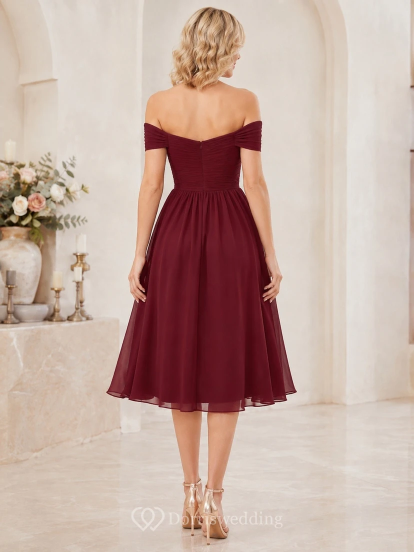 Elegantes burgunderrotes schulterfreies Chiffon-Abendkleid mit kurzen Ärmeln in A-Linie view 2