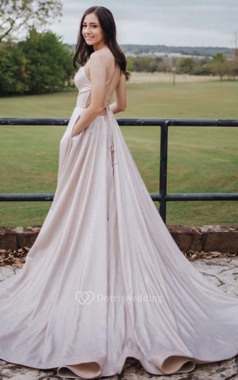 Modern Sleeveless Court Train A Line Satin Tied Back Formal Dress with Pockets view 3