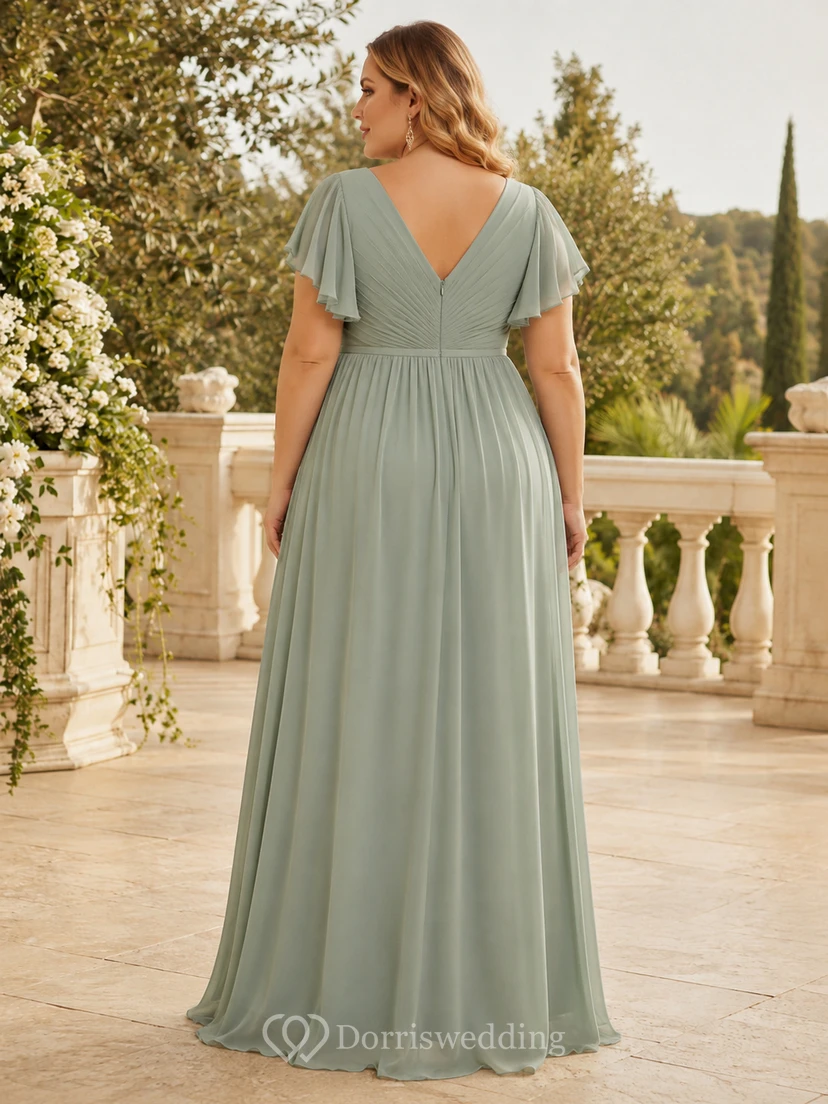 Plus Size Sage Flutter Sleeve V Neck Floor Length A Line Gown view 2