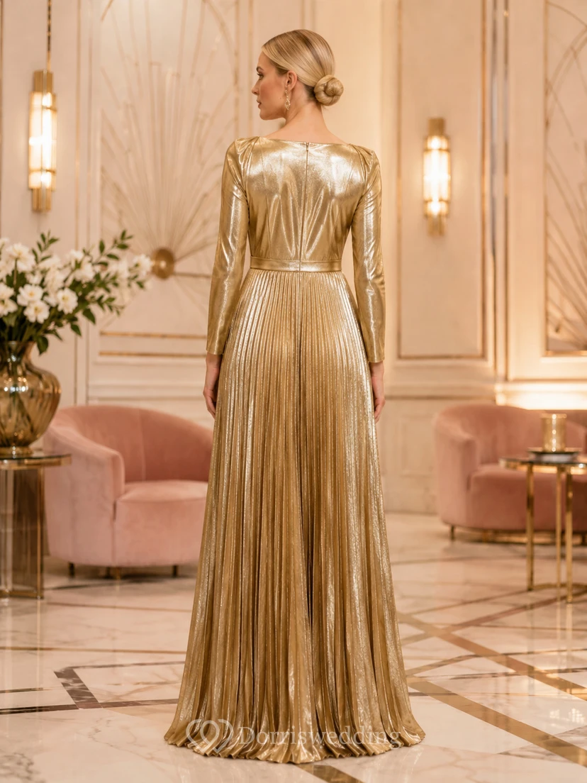 Robe d'invitée plissée à manches longues bateau, or métallisé, style bateau view 2