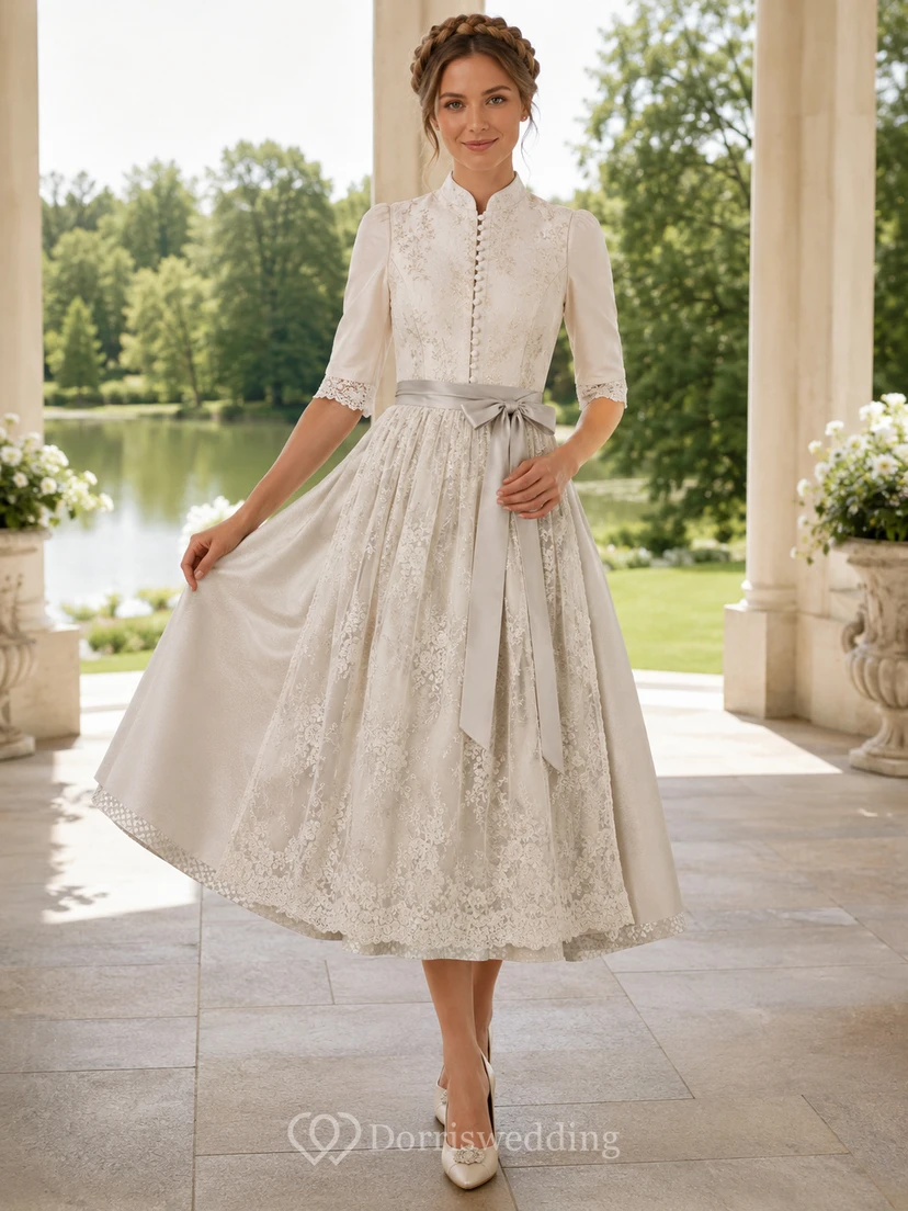 Taupe Modern High Neck Half Sleeve Lace Apron Bridal Wedding Dirndl